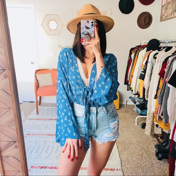 Free People Tops - Free People Blue Daisy Bell Sleeve Boho Bodysuit